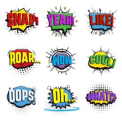 Comic speech bubbles. Cool bubble, speaking cloud cartoon style. Pop art dynamic funny text frames. Communication stickers decent vector set