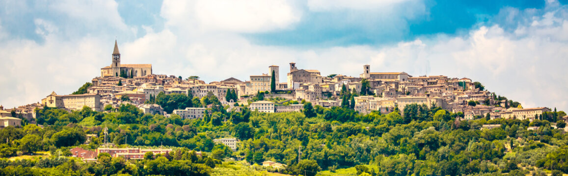 Medieval town Todi on the hill Italy, tourist tourism. Ancient cities of Europe, beautiful landscape panoramic view. Fortifications of medieval Italy.