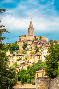Medieval town Todi on the hill Italy, tourist tourism. Ancient cities of Europe, beautiful landscape panoramic view. Fortifications of medieval Italy.