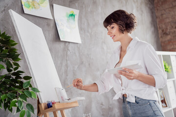 Profile photo of nice brunette young lady paint wear white shirt at home alone