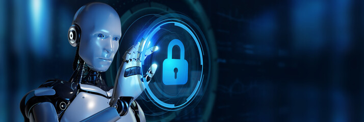 Cyber security data protection business technology privacy concept. Robot pressing button on virtual screen. 3d render