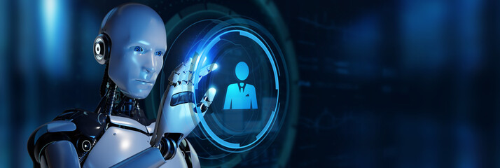 Human Resources HR management recruitment employment headhunting concept.Robot pressing button on virtual screen. 3d render