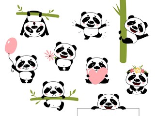 Cartoon cute panda. Baby pandas, asian bear with bamboo. Wild funny animal, diverse pose characters. Isolated kawaii kid classy vector sticker elements