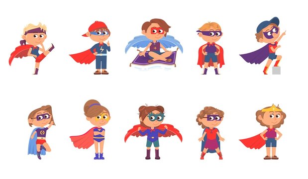 Kids superheroes. Cartoon imagination, superhero kid. Cute children in suits with red capes. Isolated heroes group, child wear costume decent vector set