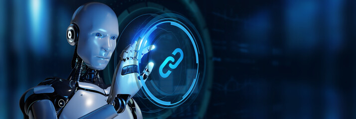 Fototapeta premium Chain Link icon on abstract blue background. Hyperlink chain symbol concept.Robot pressing button on virtual screen. 3d render
