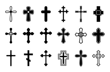 Christian crosses. Cross icons, orthodox catholic religious symbols. Isolated decorative holy elements, church outline logo exact vector collection