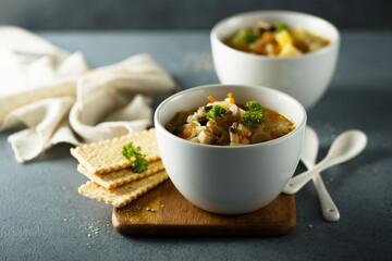 Traditional homemade mushroom soup with vegetables