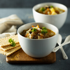 Traditional homemade mushroom soup with vegetables