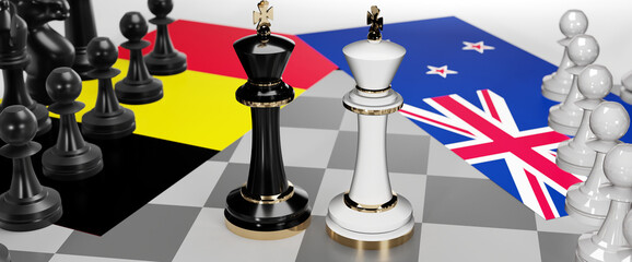 Belgium and New Zealand conflict, clash, crisis and debate between those two countries that aims at a trade deal and dominance symbolized by a chess game with national flags, 3d illustration