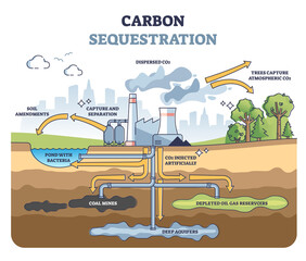 Carbon sequestration with CO2 capture and storage underground outline diagram. Educational scheme with labeled pipeline system as ecological environmental solution for emissions vector illustration. - obrazy, fototapety, plakaty