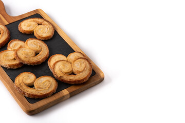 Palmier puff pastry isolated on white background. Copy space