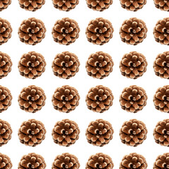Dry pine cone seamless pattern isolated on white background. Symbol of Christmas and New Year. Autumn and winter season concept. Design element