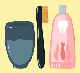 Set for brushing teeth and oral hygiene. Morning routine. Dental care. Vector flat and maultasch illustration on a yellow background. Collection of tooth brush and paste, glass with water for mouthpot