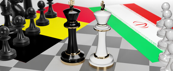 Belgium and Iran conflict, clash, crisis and debate between those two countries that aims at a trade deal and dominance symbolized by a chess game with national flags, 3d illustration