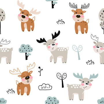 Cute moose seamless pattern