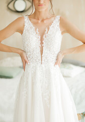 Fototapeta na wymiar Amazing white wedding dress on the bride..Details of style and tailoring of a dress.