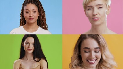 Mosaic collage of diverse smiling faces of successful female portraits over different colorful studio background