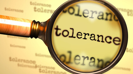 Tolerance - magnifying glass enlarging English word Tolerance to symbolize taking a closer look, analyzing or searching for an explanation and answers related to the idea of Tolerance, 3d illustration