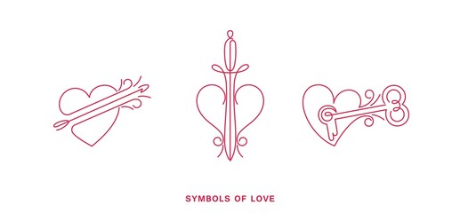 Set of line art labels and stamps. Symbols of love. Heart pierced by an arrow, a dagger and opened with a key. Vector template