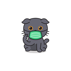Cartoon character scottish fold cat wearing protective face mask for design.