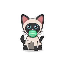 Cartoon character siamese cat wearing protective face mask for design.