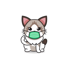 Cartoon character ragdoll cat wearing protective face mask for design.