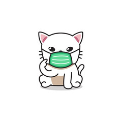 Cartoon character white cat wearing protective face mask for design.