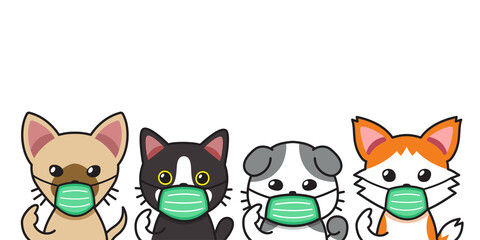 Set of cartoon cats wearing protective face masks for design.
