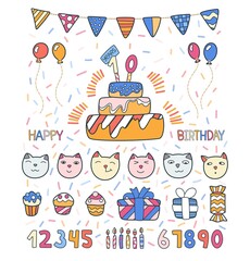 Set of festive decor elements for birthday. Cute cartoone graphics. Vector design