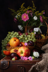 Still life with flowers and fruits in retro style © parsadanov