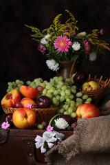 Still life with flowers and fruits in retro style
