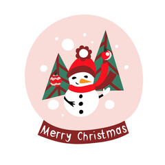 Colorful snow globe with text Merry Christmas, snowman and trees. Bright vector decor for web and print. 