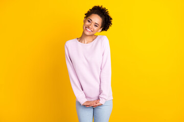 Photo of young happy afro american woman smile adorable good mood isolated on yellow color background