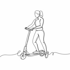 Continuous one single line drawing of girl is riding an electric scooter in silhouette on a white background. Linear stylized.