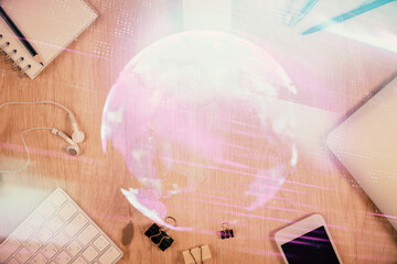 Multi exposure of technology theme drawing over table with phone. Top view. Concept of hightech.