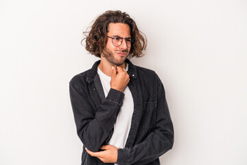 Young caucasian man isolated on white background suffers pain in throat due a virus or infection.