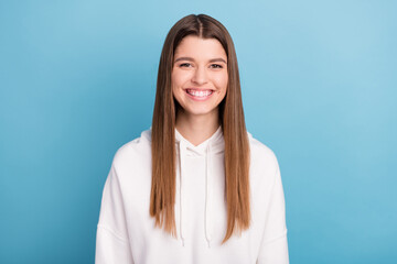 Fototapeta premium Photo portrait smiling woman in sportswear isolated pastel blue color background
