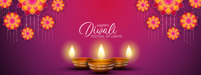Happy Diwali - festival of lights colorful banner template design with decorative diya lamp. © Soumen