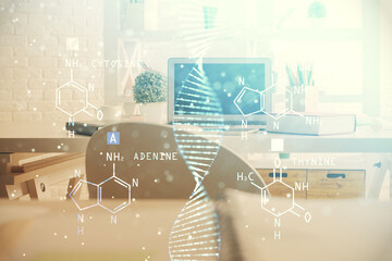 Double exposure of dna drawing and office interior background. Concept of science.