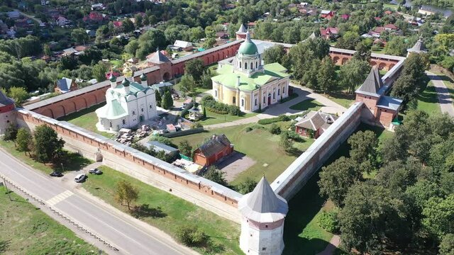 Bird eye view of Zaraysk Kremlin. St. Nicholas Cathedral and Church of the beheading of St John the Baptist visible from above.
