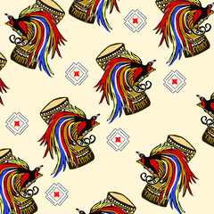 Beautiful motif of Papua batik with bird of paradise pattern and tifa musical instrument.