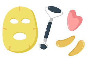 Set of illustrations for facial skin care. Morning routine. Good habits for every day. Fabric mask, eye patches and massage tools at home. Vector flat illustration in cartoon style