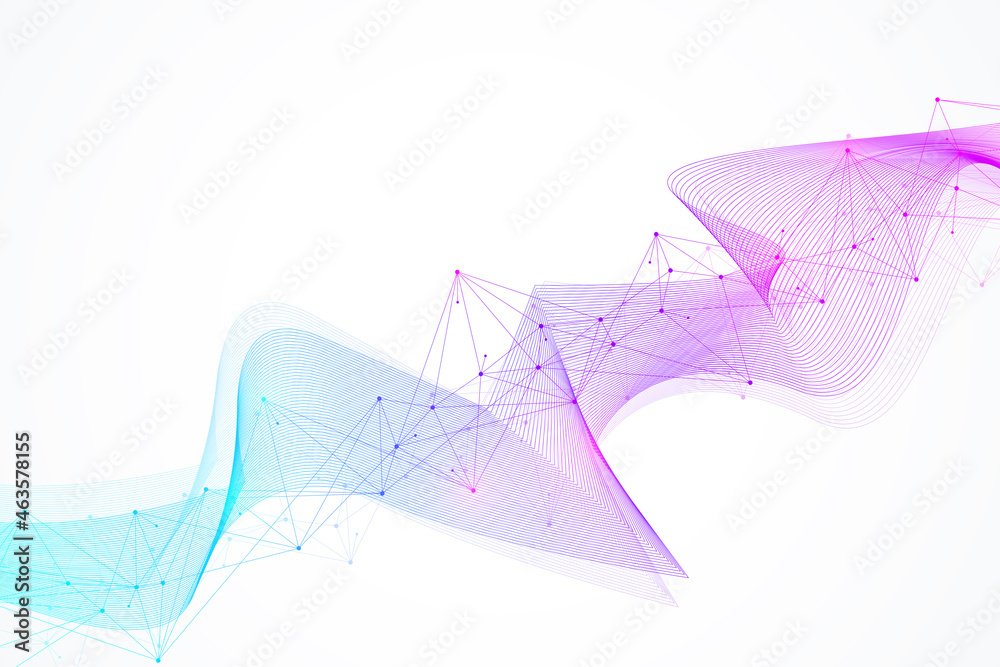 Poster Abstract plexus background with connected lines and dots. Wave flow. Plexus geometric effect Big data with compounds. Lines plexus, minimal array. Digital data visualization, illustration