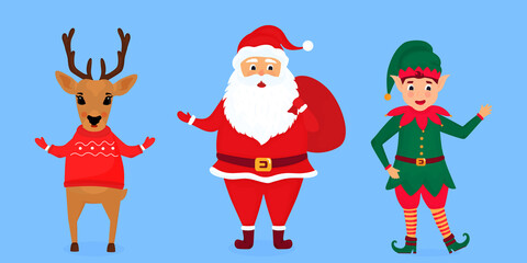 Christmas elf, Santa Claus and deer vector illustration