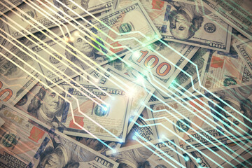Double exposure of data theme drawing over us dollars bill background. Technology concept.