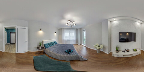 360 hdri panorama view in interior of modern luxury bedroom in studio apartments or hotel with bed...