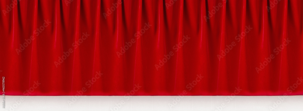 Wall mural rich classic abstract theatre scene with red silk curtains with smooth waves and white wood floor as