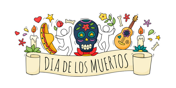Cartoon people celebrate Day of the dead.