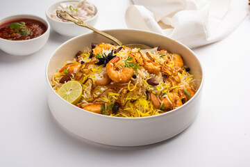 Tasty and delicious prawns biryani, jheenga pulav or shrimp pilaf