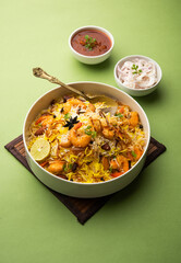 Tasty and delicious prawns biryani, jheenga pulav or shrimp pilaf